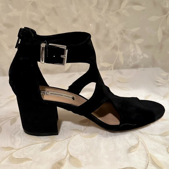 I.N.C Helenn Leather Suede Ankle Strap Bootie Shoe Size 7.5 Black Open Toe - Picture 10 of 12